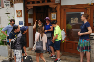 Pictured left to right, Andrew, Martha, Samuel, Kim Siyoung manager of the Bukchon Maru Hanok, Abigail, Laura, Amos and Heather.
